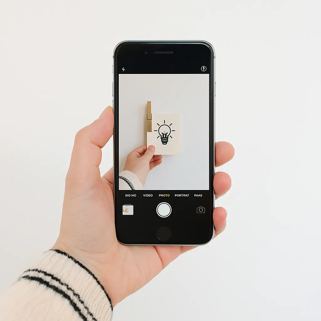 "Person holding smartphone taking photo of lightbulb drawing, symbolizing digital innovation and creative technology ideas"