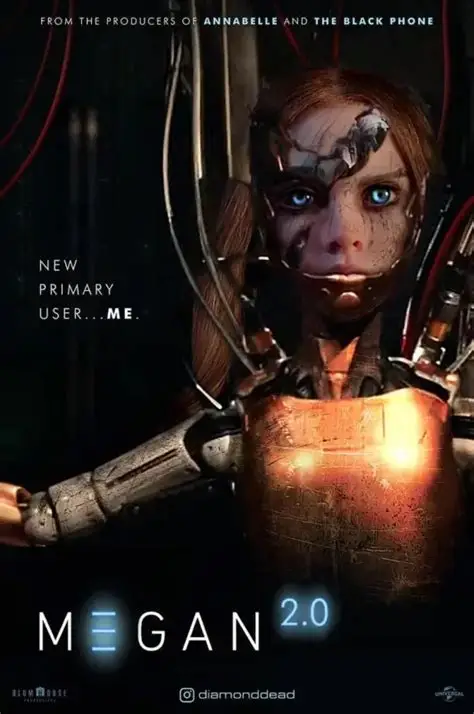 M3GAN 2.0 (2025) showcasing the AI doll with a chilling expression, teasing the return of the high-tech horror thriller sequel.