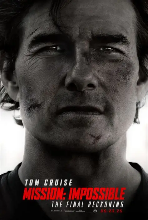 Tom Cruise as Ethan Hunt in Mission: Impossible – The Final Reckoning (2025), performing a high-stakes stunt in an action-packed scene.